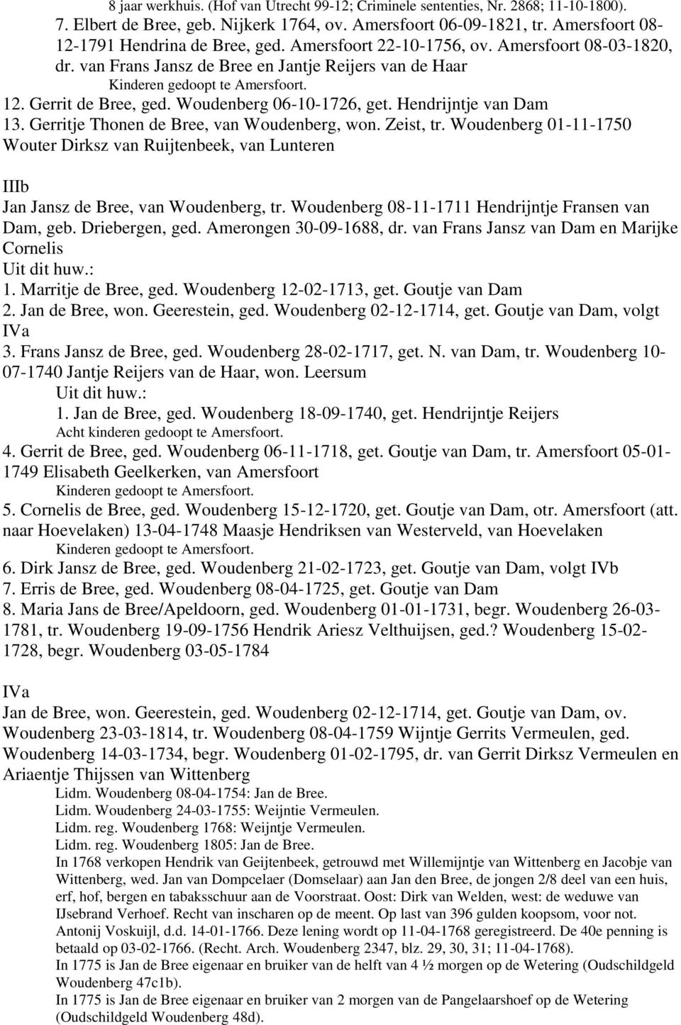 Hendrijntje van Dam 13. Gerritje Thonen de Bree, van Woudenberg, won. Zeist, tr. Woudenberg 01-11-1750 Wouter Dirksz van Ruijtenbeek, van Lunteren IIIb Jan Jansz de Bree, van Woudenberg, tr.