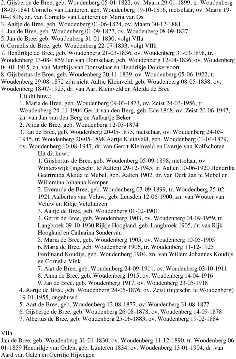 Cornelis de Bree, geb. Woudenberg 22-07-1833, volgt VIIb 7. Hendrikje de Bree, geb. Woudenberg 21-03-1836, ov. Woudenberg 31-03-1898, tr. Woudenberg 13-08-1859 Jan van Domselaar, geb.
