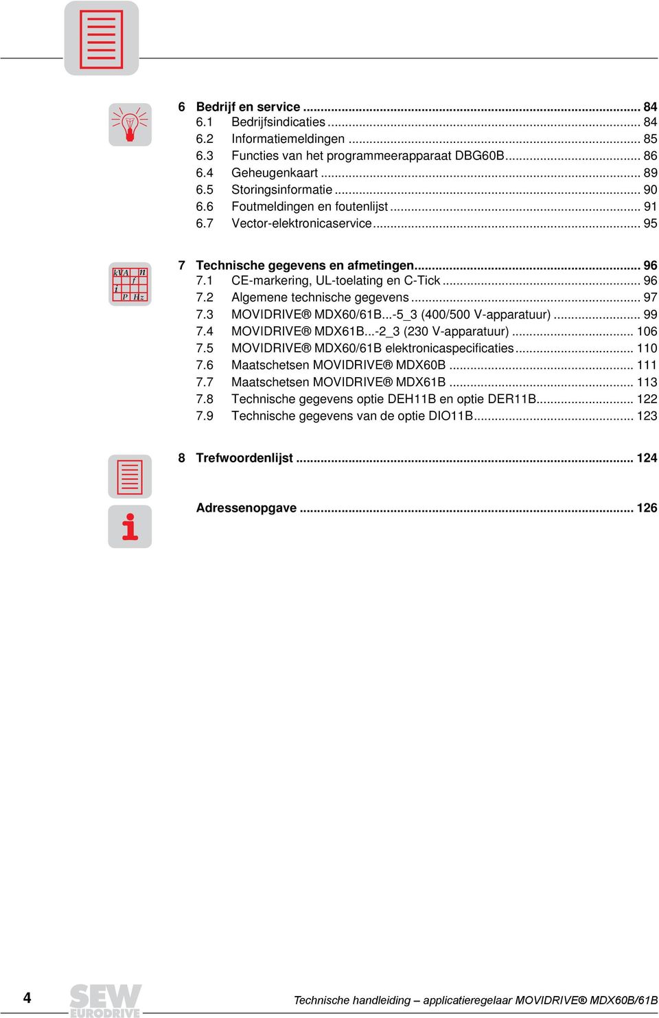 .. 97 7.3 MOVIDRIVE MDX60/6B...-5_3 (00/500 V-apparatuur)... 99 7. MOVIDRIVE MDX6B...-2_3 (230 V-apparatuur)... 06 7.5 MOVIDRIVE MDX60/6B elektronicaspecificaties... 0 7.