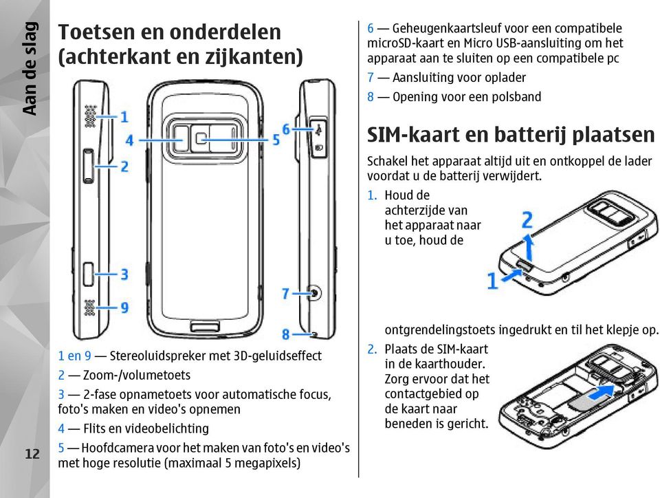 Houd de achterzijde van het apparaat naar u toe, houd de 12 1 en 9 Stereoluidspreker met 3D-geluidseffect 2 Zoom-/volumetoets 3 2-fase opnametoets voor automatische focus, foto's maken en video's