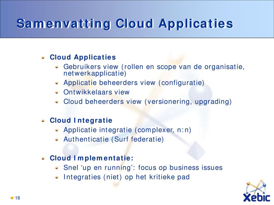 (versionering, upgrading) Cloud Integratie Applicatie integratie (complexer, n:n) Authenticatie (Surf