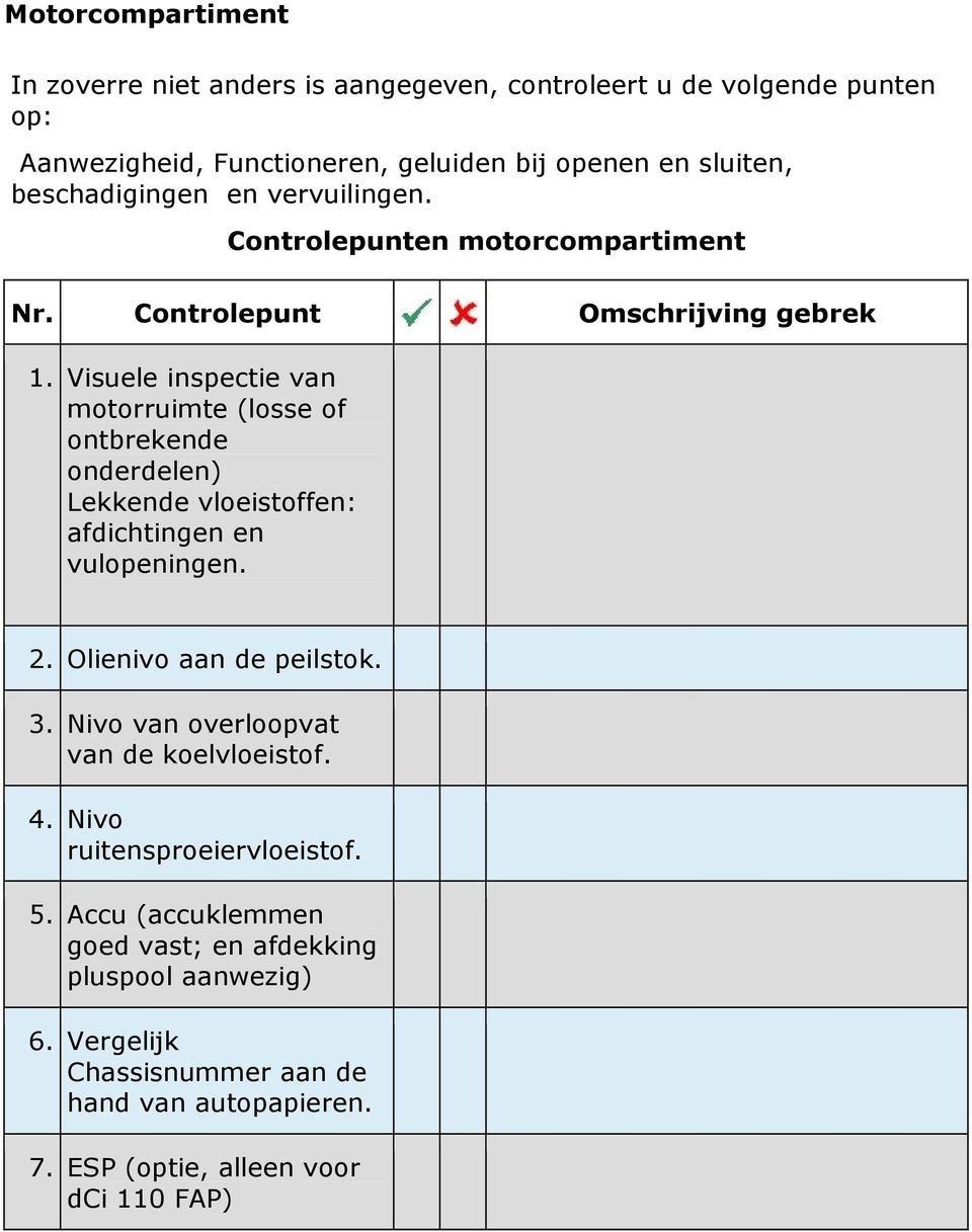 Visuele inspectie van motorruimte (losse of ontbrekende onderdelen) Lekkende vloeistoffen: afdichtingen en vulopeningen. 2. Olienivo aan de peilstok. 3.