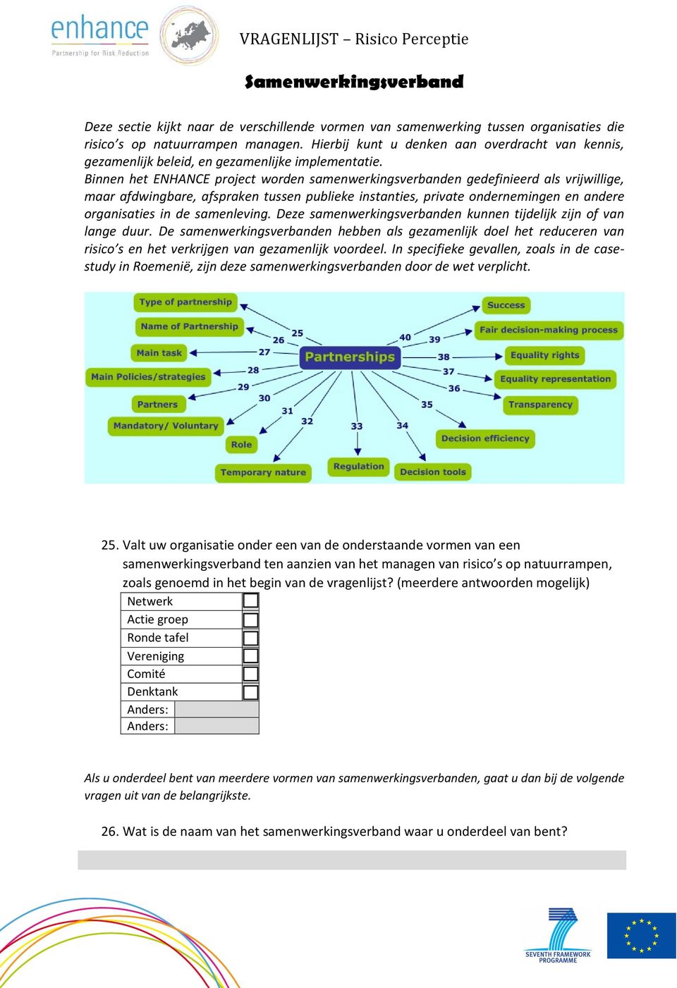 Binnen het ENHANCE project worden samenwerkingsverbanden gedefinieerd als vrijwillige, maar afdwingbare, afspraken tussen publieke instanties, private ondernemingen en andere organisaties in de