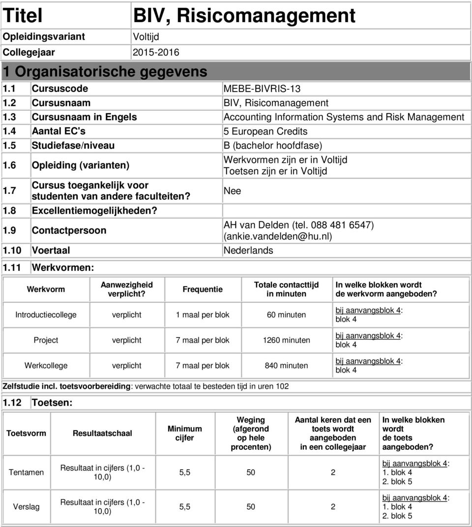 7 Cursus toegankelijk voor studenten van andere faculteiten? 1.8 Excellentiemogelijkheden? 1.9 Contactpersoon Werkvormen zijn er in Voltijd Toetsen zijn er in Voltijd Nee 1.10 Voertaal Nederlands 1.