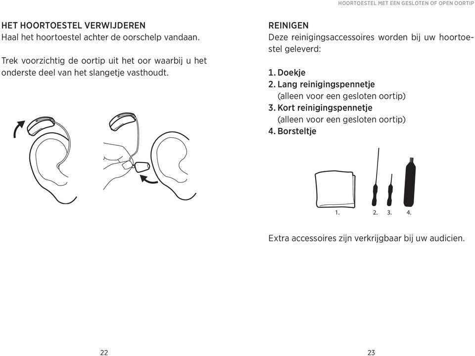 reinigen Deze reinigingsaccessoires worden bij uw hoortoestel geleverd: 1. Doekje 2.