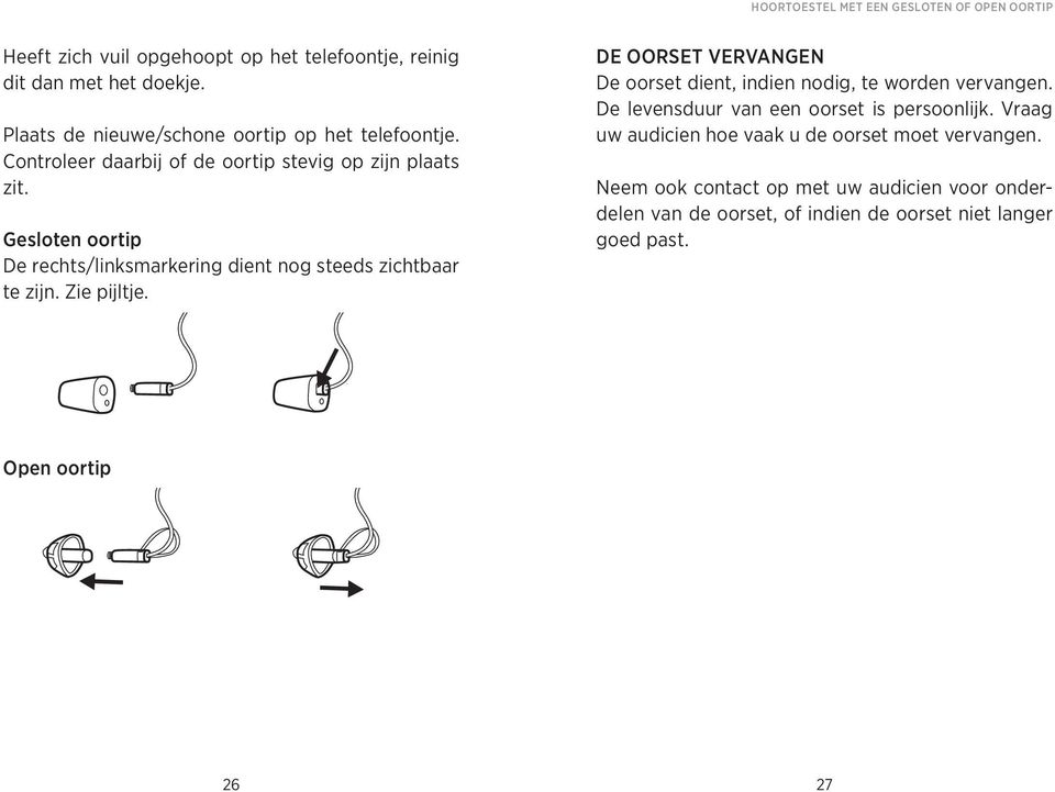 Gesloten oortip De rechts/linksmarkering dient nog steeds zichtbaar te zijn. Zie pijltje.