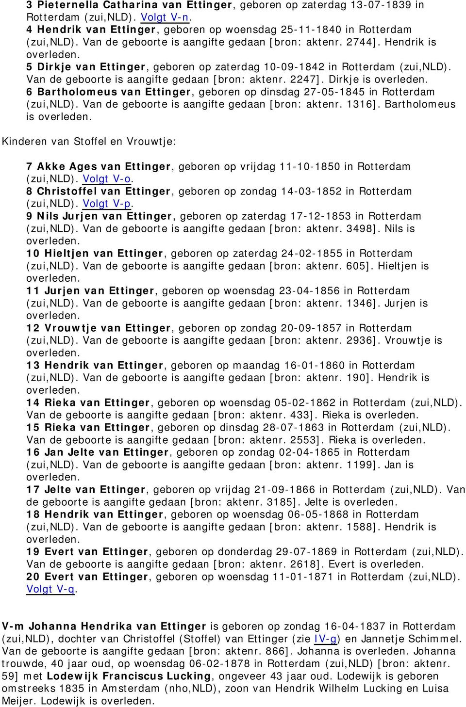 2247]. Dirkje is 6 Bartholomeus van Ettinger, geboren op dinsdag 27-05-1845 in Rotterdam (zui,nld). Van de geboorte is aangifte gedaan [bron: aktenr. 1316].