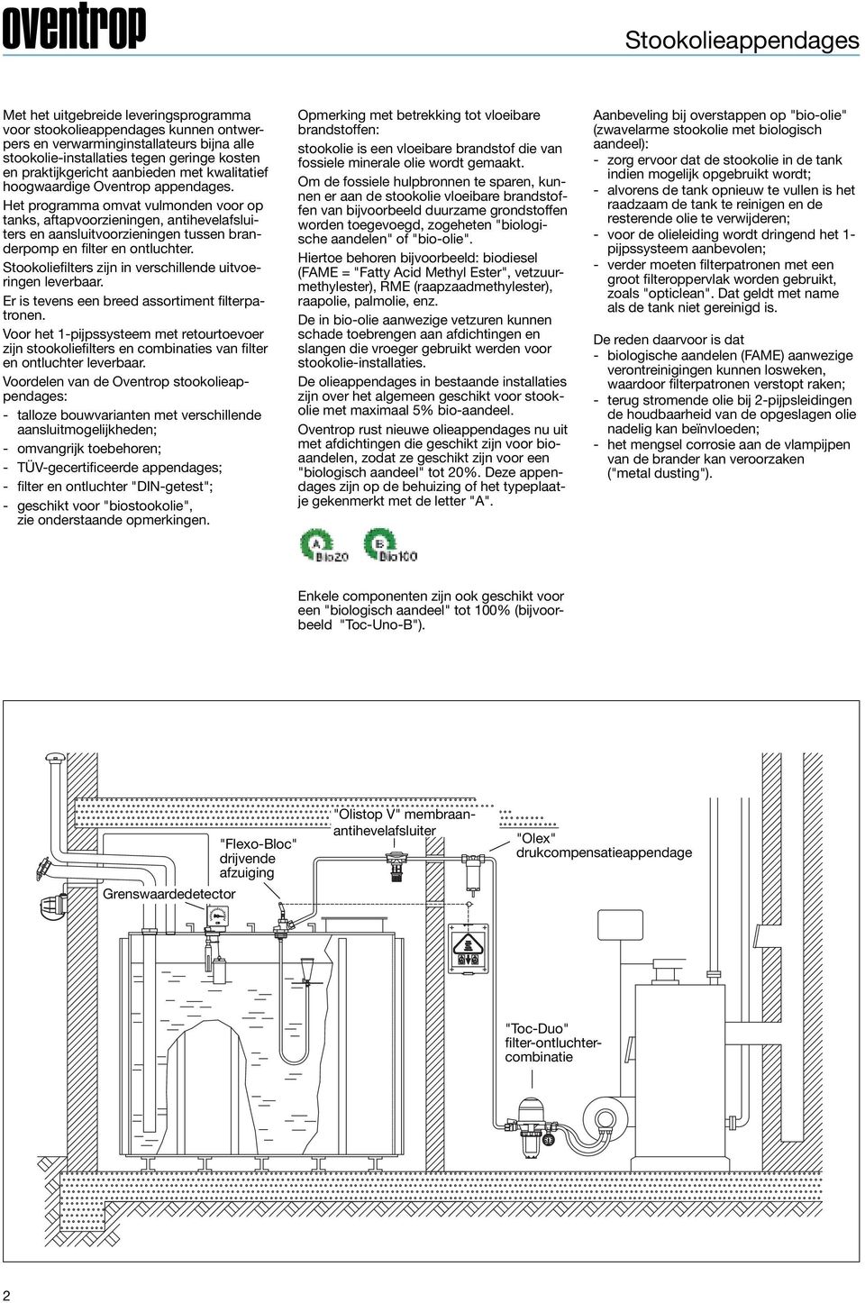 Het programma omvat vulmonden voor op tanks, aftapvoorzieningen, antihevelafsluiters en aansluitvoorzieningen tussen branderpomp en filter en ontluchter.