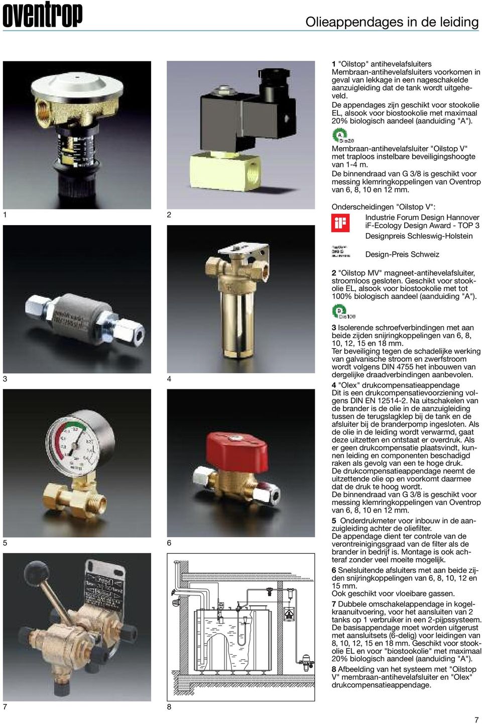 Membraan-antihevelafsluiter "Oilstop V" met traploos instelbare beveiligingshoogte van 1- m. De binnendraad van G /8 is geschikt voor messing klemringkoppelingen van Oventrop van 6, 8, 10 en 1 mm.