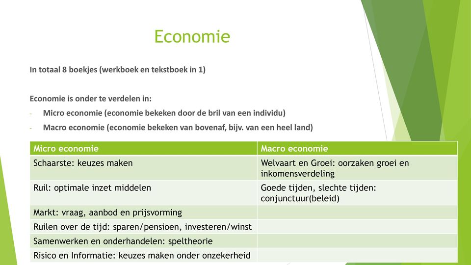 van een heel land) Micro economie Schaarste: keuzes maken Ruil: optimale inzet middelen Markt: vraag, aanbod en prijsvorming Ruilen over de tijd: