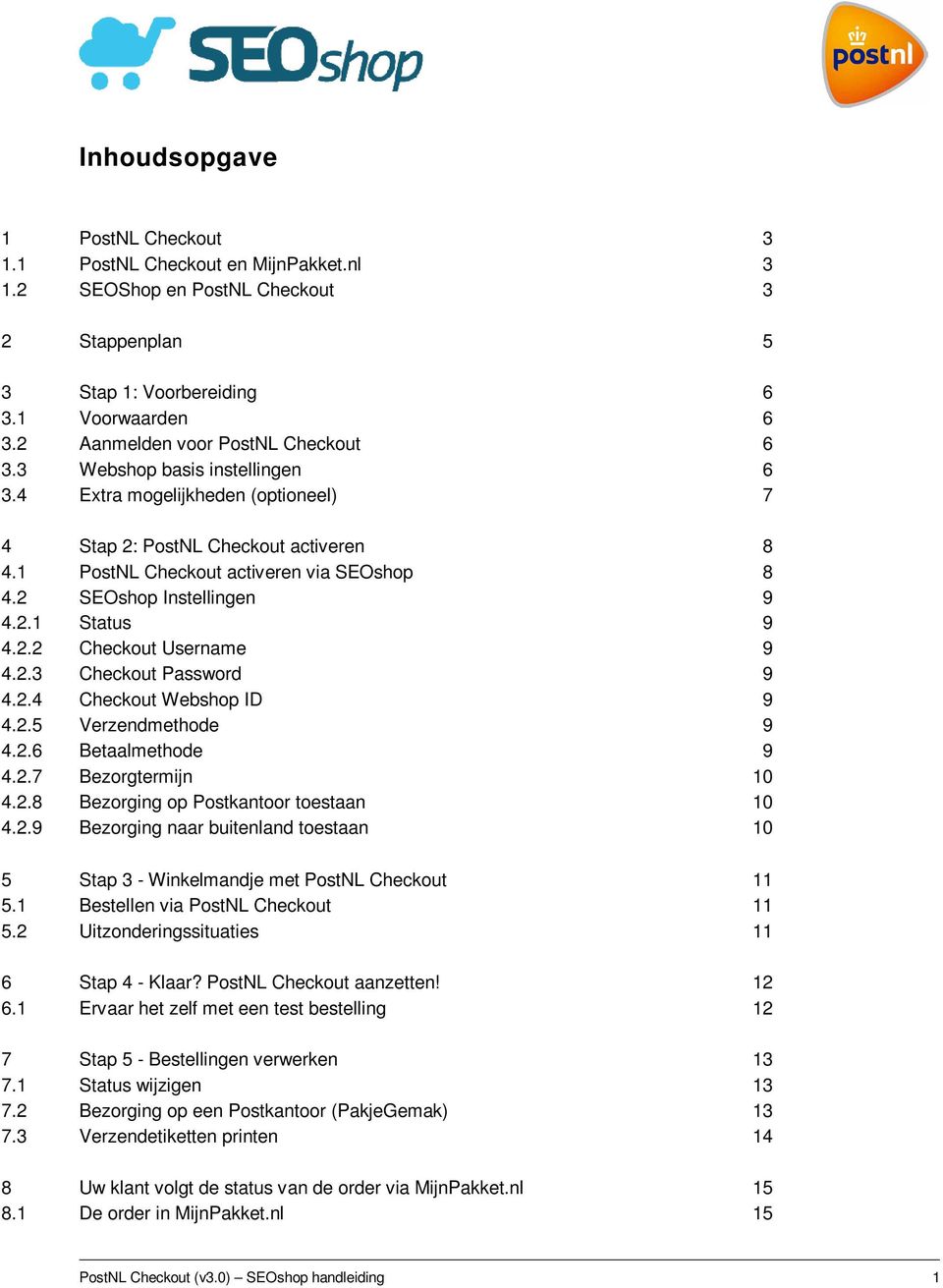 2 SEOshop Instellingen 9 4.2.1 Status 9 4.2.2 Checkout Username 9 4.2.3 Checkout Password 9 4.2.4 Checkout Webshop ID 9 4.2.5 Verzendmethode 9 4.2.6 Betaalmethode 9 4.2.7 Bezorgtermijn 10 4.2.8 Bezorging op Postkantoor toestaan 10 4.