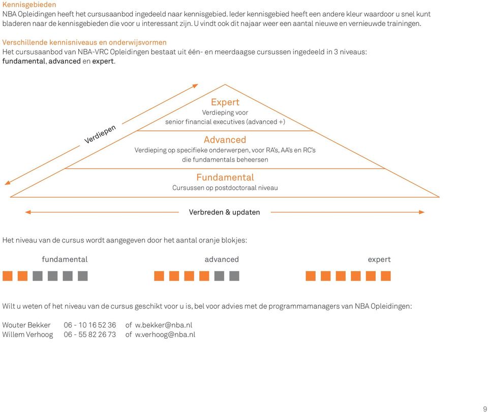 Verschillende kennisniveaus en onderwijsvormen Het cursusaanbod van NBA-VRC Opleidingen bestaat uit één- en meerdaagse cursussen ingedeeld in 3 niveaus: fundamental, advanced en expert.