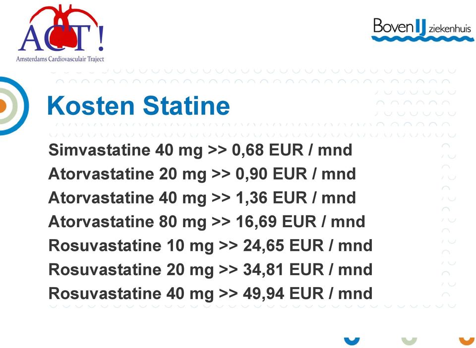 Atorvastatine 80 mg >> 16,69 EUR / mnd Rosuvastatine 10 mg >> 24,65
