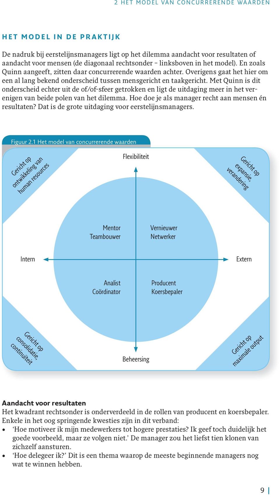 Met Quinn is dit onderscheid echter uit de of/of-sfeer getrokken en ligt de uitdaging meer in het verenigen van beide polen van het dilemma. Hoe doe je als manager recht aan mensen én resultaten?
