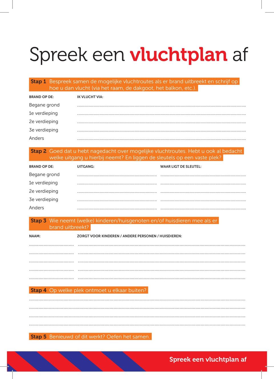 Hebt u ook al bedacht welke uitgang u hierbij neemt? En liggen de sleutels op een vaste plek? BRAND OP DE: UITGANG: WAAR LIGT DE SLEUTEL: Begane grond...... 1e verdieping...... 2e verdieping.