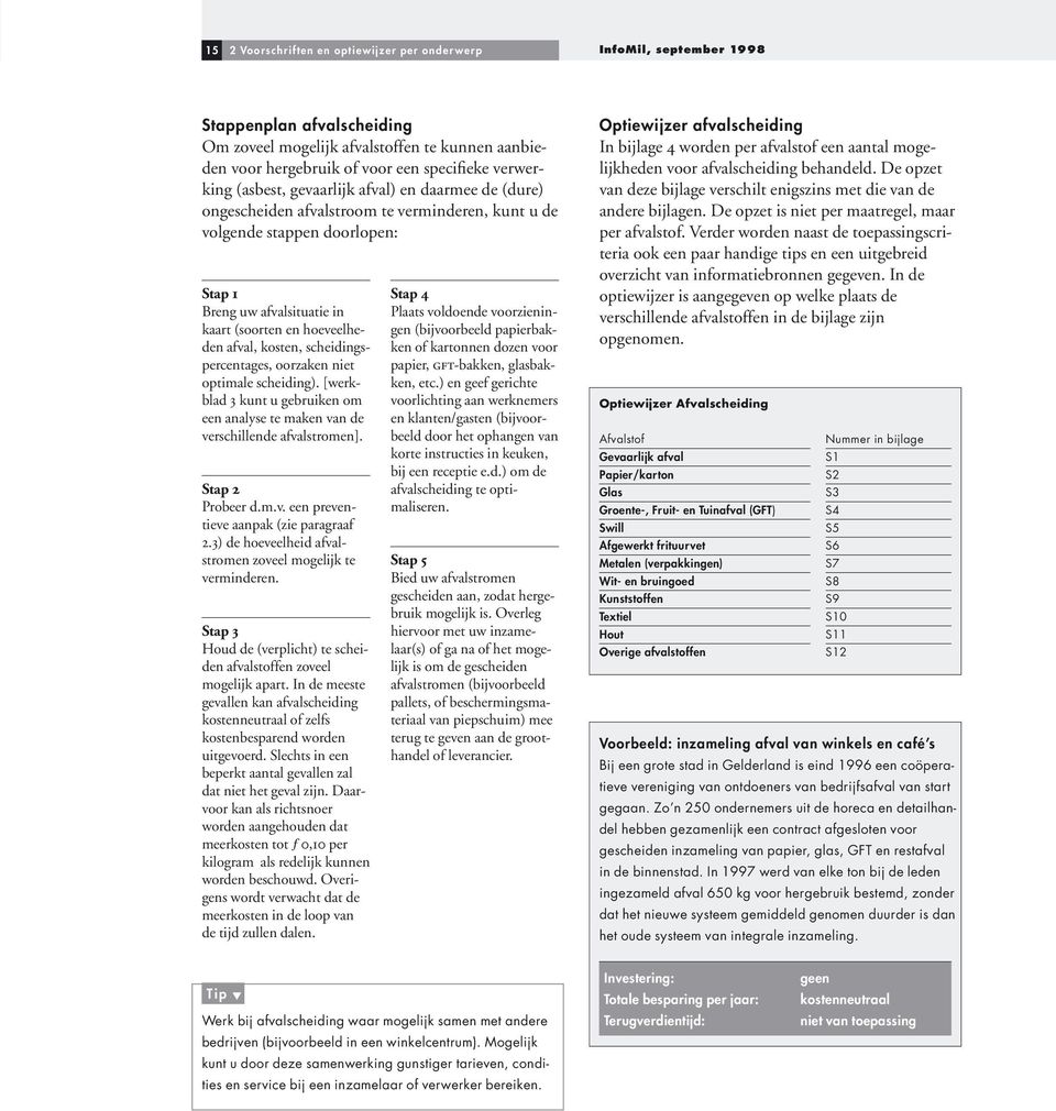 hoeveelheden afval, kosten, scheidingspercentages, oorzaken niet optimale scheiding). [werkblad 3 kunt u gebruiken om een analyse te maken van de verschillende afvalstromen]. Stap 2 Probeer d.m.v. een preventieve aanpak (zie paragraaf 2.