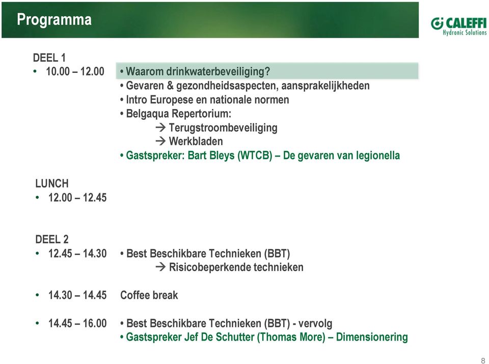 Terugstroombeveiliging à Werkbladen Gastspreker: Bart Bleys (WTCB) De gevaren van legionella LUNCH 12.00 12.45 DEEL 2 12.