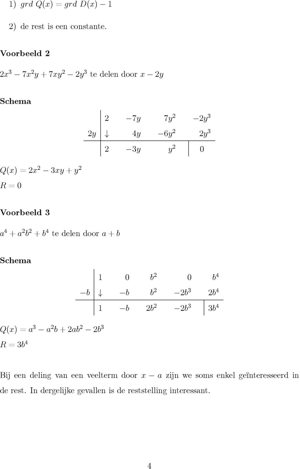 Voorbeeld 3 a 4 + a b + b 4 te delen door a + b Schema 0 b 0 b 4 b b b b 3 b 4 b b b 3 3b 4 Q() =a 3