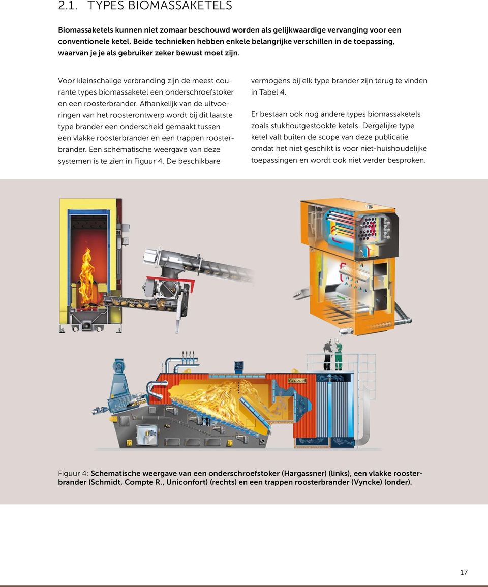 Voor kleinschalige verbranding zijn de meest courante types biomassaketel een onderschroefstoker en een roosterbrander.