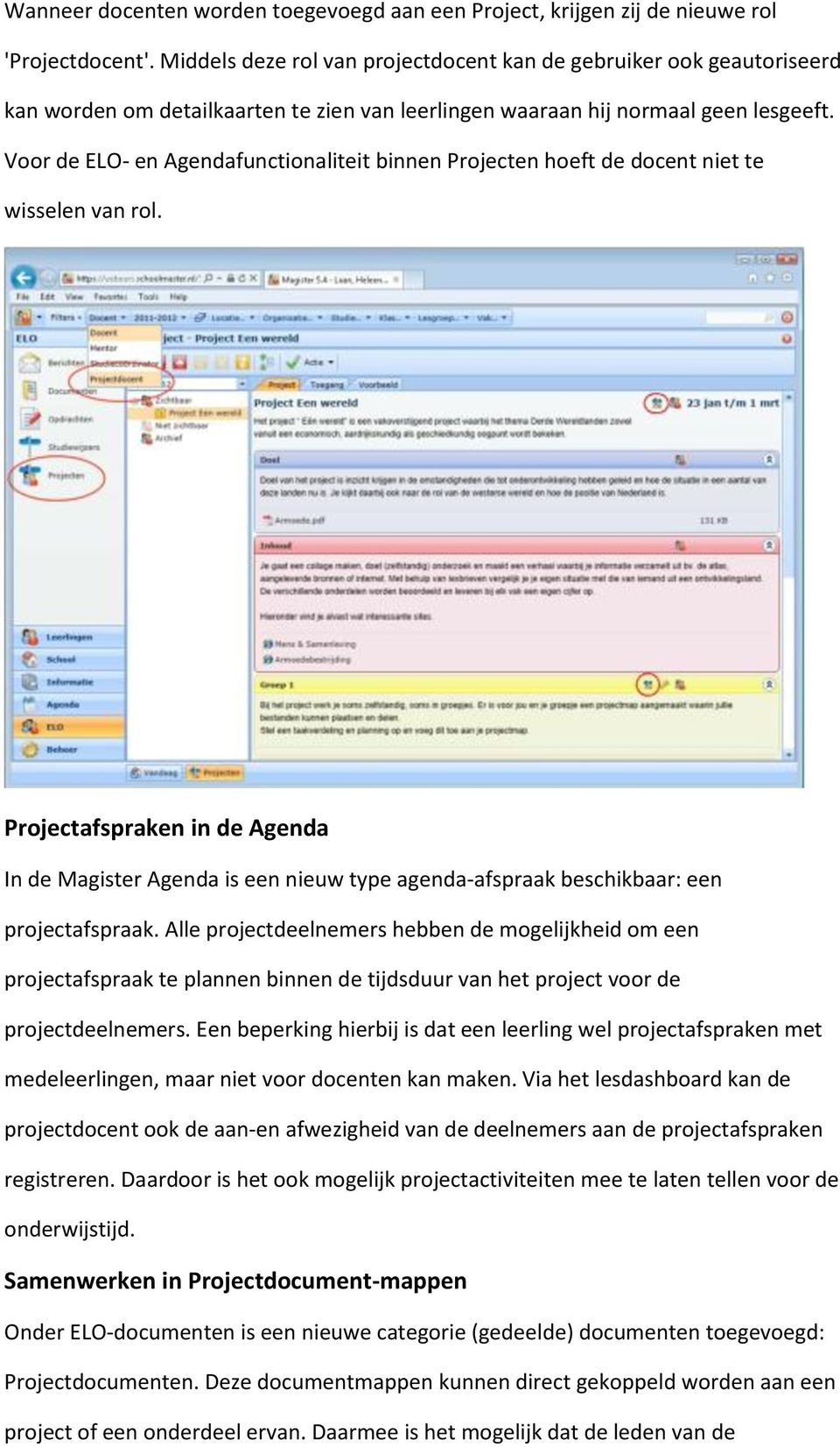 Voor de ELO- en Agendafunctionaliteit binnen Projecten hoeft de docent niet te wisselen van rol.