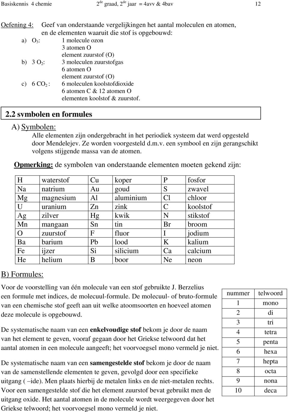 zuurstof. 2.2 symbolen en formules A) Symbolen: Alle elementen zijn ondergebracht in het periodiek systeem dat werd opgesteld door Mendelejev.