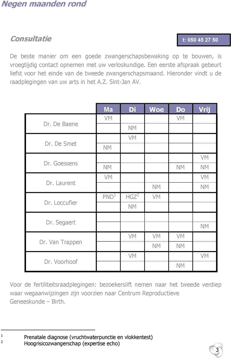 De Smet Dr. Goessens Dr. Laurent Dr. Loccufier Ma Di Woe Do Vrij PND 1 HGZ 2 Dr. Segaert Dr. Van Trappen Dr.