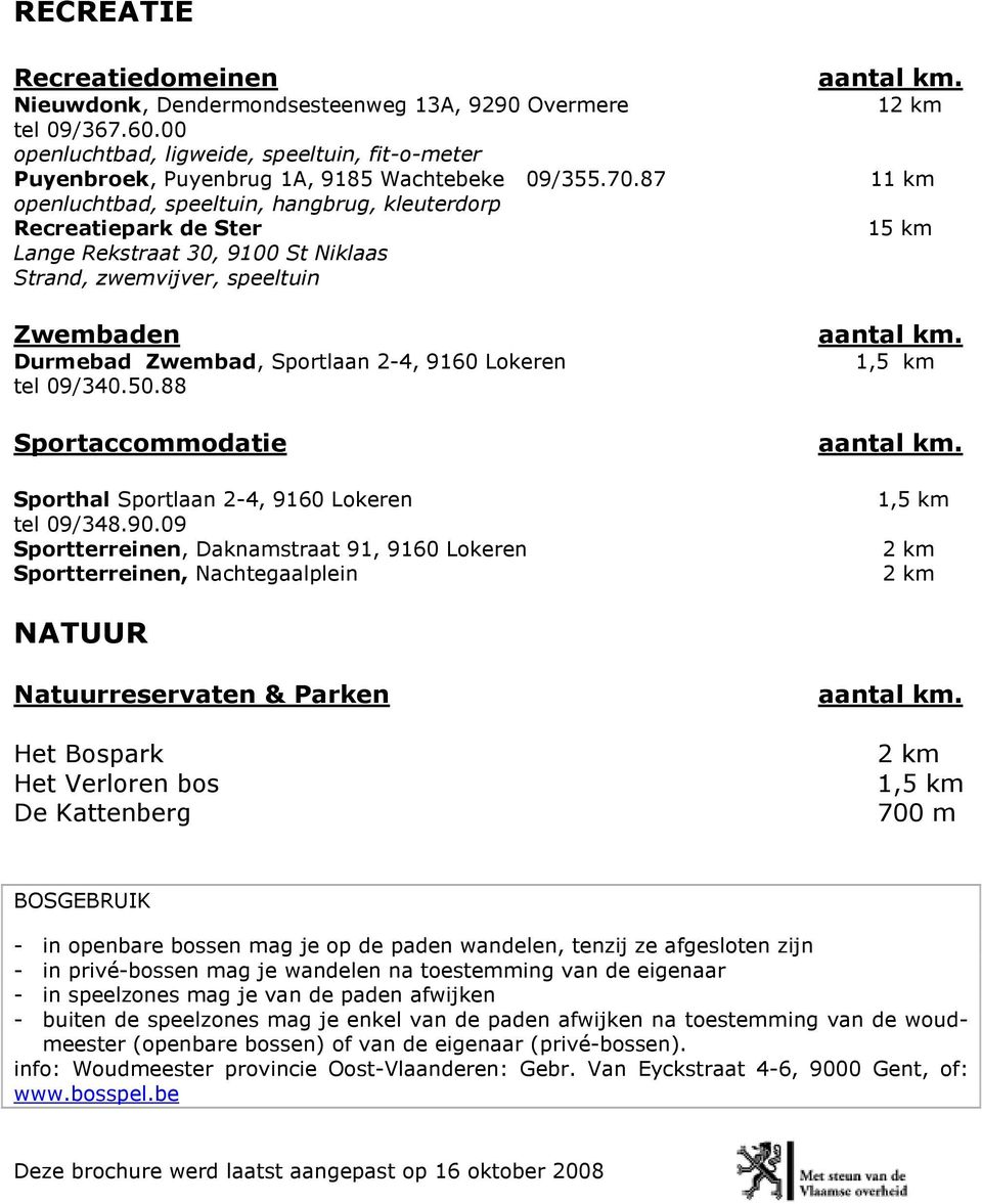 09/340.50.88 Sportaccommodatie Sporthal Sportlaan 2-4, 9160 Lokeren tel 09/348.90.09 Sportterreinen, Daknamstraat 91, 9160 Lokeren Sportterreinen, Nachtegaalplein aantal km.