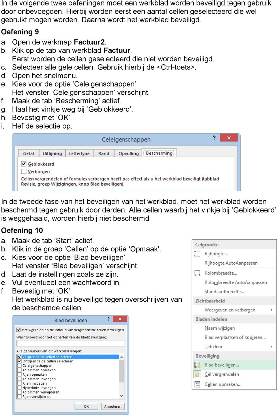 Gebruik hierbij de <Ctrl-toets>. d. Open het snelmenu. e. Kies voor de optie Celeigenschappen. Het venster Celeigenschappen verschijnt. f. Maak de tab Bescherming actief. g.