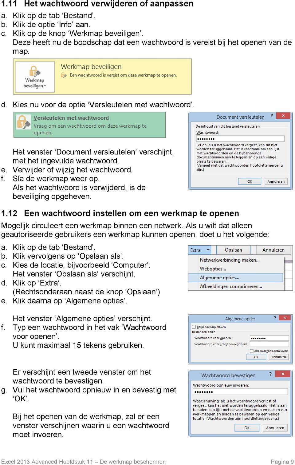 Het venster Document versleutelen verschijnt, met het ingevulde wachtwoord. e. Verwijder of wijzig het wachtwoord. f. Sla de werkmap weer op.