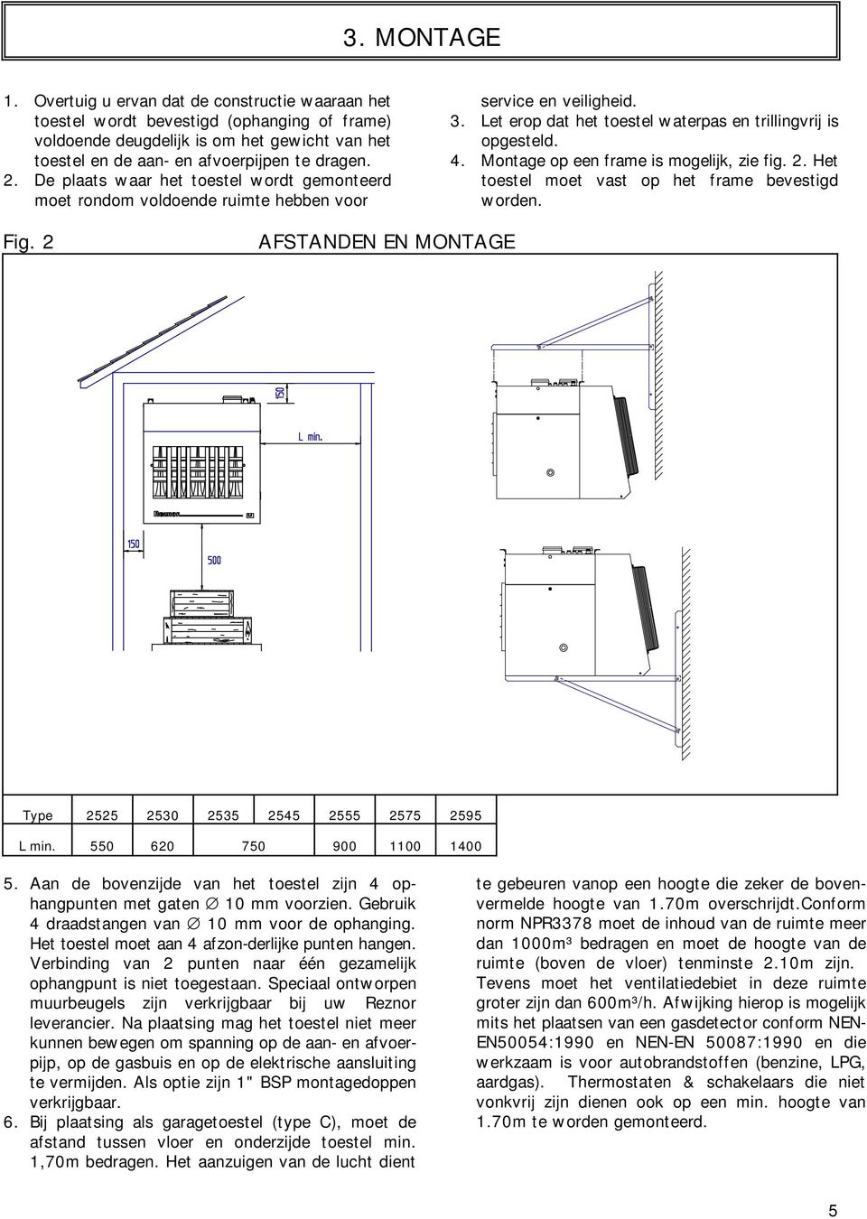 Montage op een frame is mogelijk, zie fig. 2. Het toestel moet vast op het frame bevestigd worden. Fig. 2 AFSTANDEN EN MONTAGE Type 2525 2530 2535 2545 2555 2575 2595 L min.