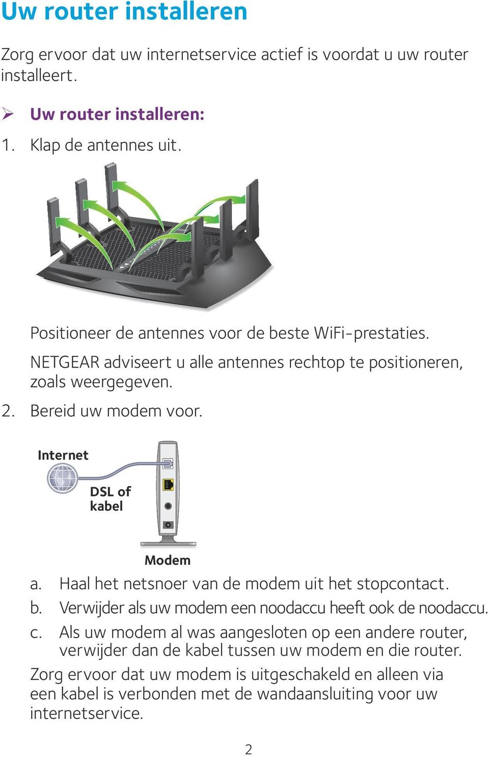 Internet DSL of kabel Modem a. Haal het netsnoer van de modem uit het stopcontact. b. Verwijder als uw modem een noodaccu heeft ook de noodaccu. c.