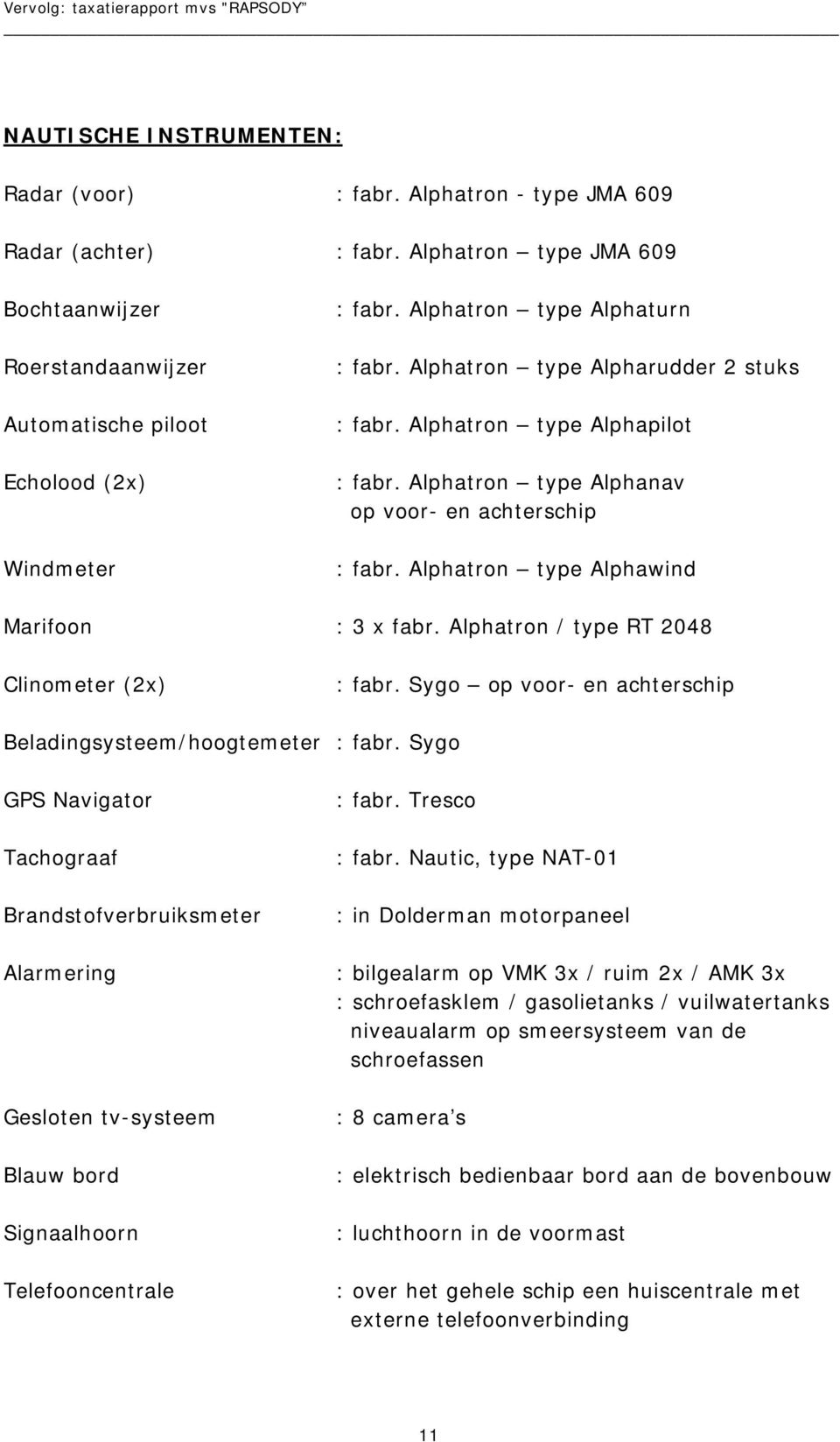 Alphatron type Alphapilot : fabr. Alphatron type Alphanav op voor- en achterschip : fabr. Alphatron type Alphawind Marifoon : 3 x fabr. Alphatron / type RT 2048 Clinometer (2x) : fabr.