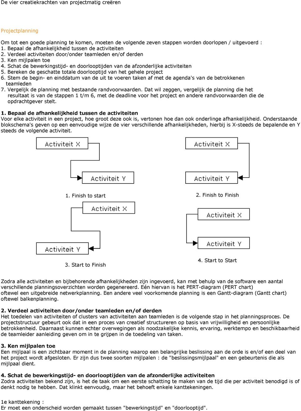 Schat de bewerkingstijd- en doorlooptijden van de afzonderlijke activiteiten 5. Bereken de geschatte totale doorlooptijd van het gehele project 6.