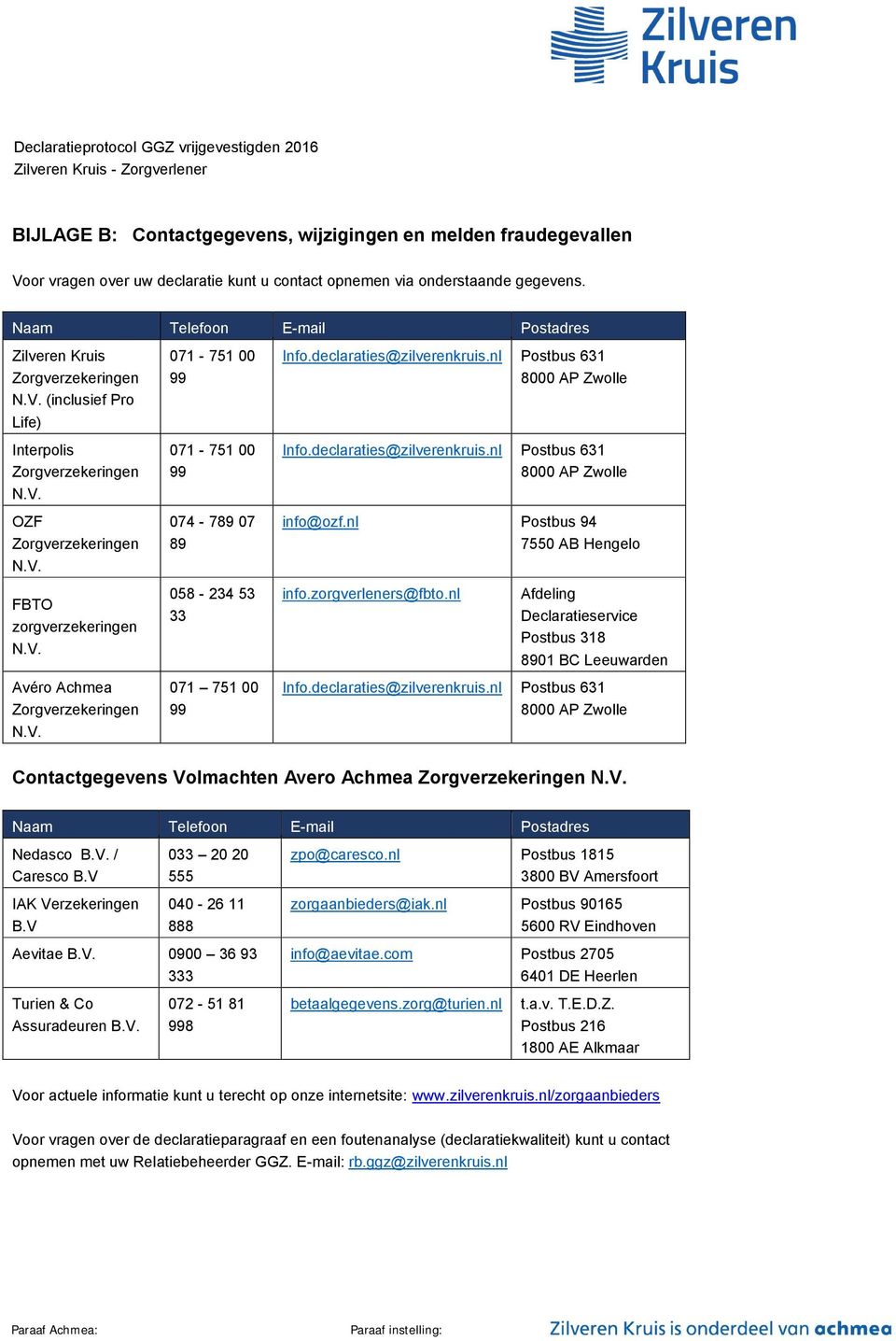 declaraties@zilverenkruis.nl Postbus 631 8000 AP Zwolle Info.declaraties@zilverenkruis.nl Postbus 631 8000 AP Zwolle info@ozf.nl Postbus 94 7550 AB Hengelo FBTO zorgverzekeringen N.V.