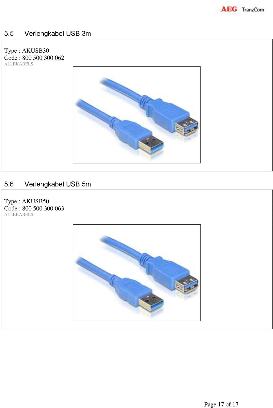 6 Verlengkabel USB 5m Type : AKUSB50