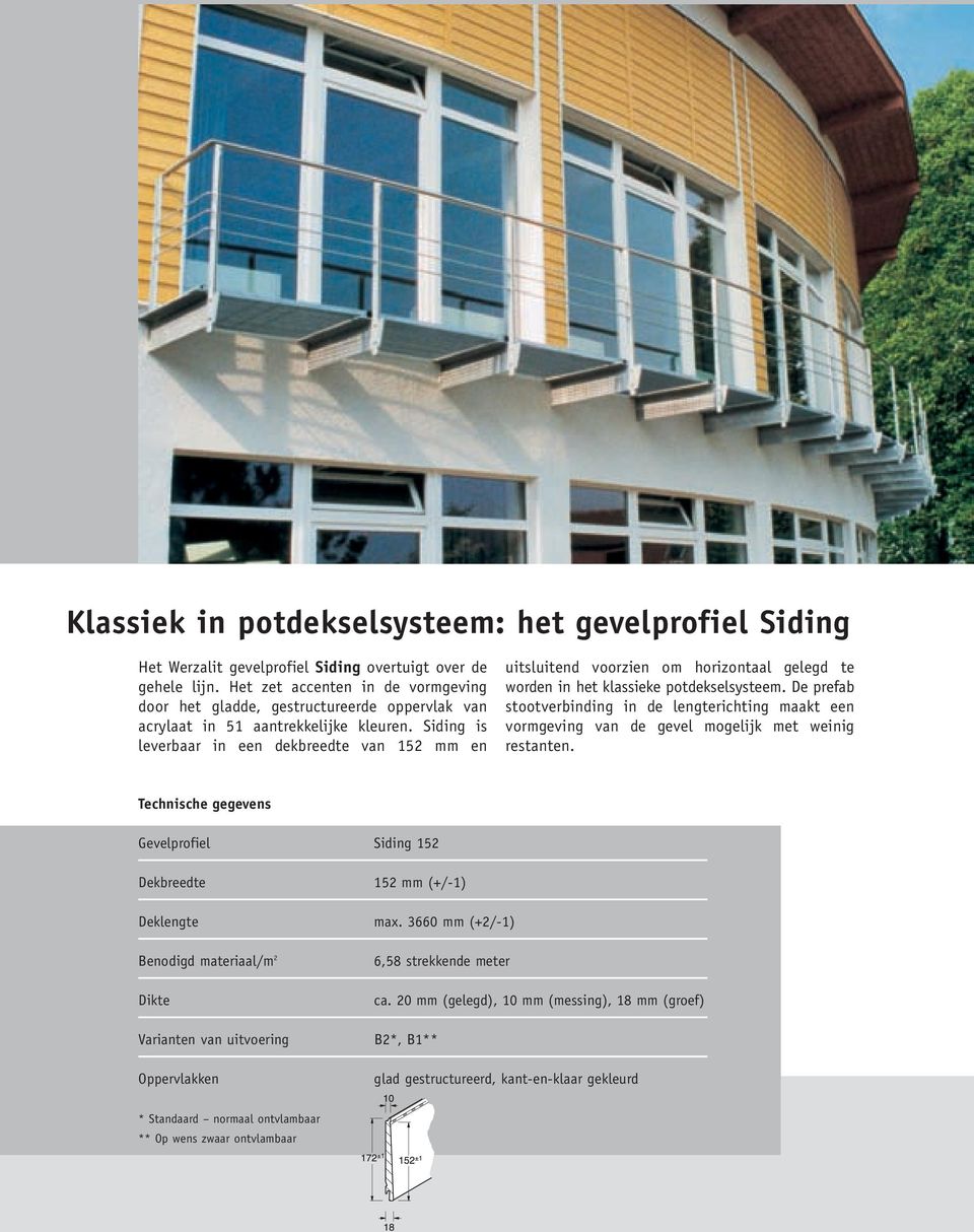 Siding is leverbaar in een dekbreedte van 152 mm en uitsluitend voorzien om horizontaal gelegd te worden in het klassieke potdekselsysteem.