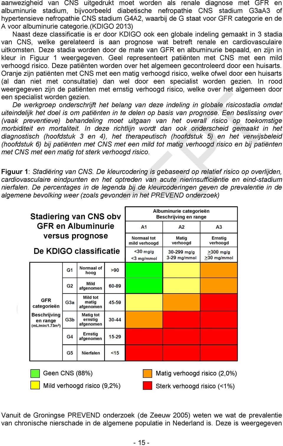 (kdigo 2013) Naast deze classificatie is er door KDIGO ook een globale indeling gemaakt in 3 stadia van CNS, welke gerelateerd is aan prognose wat betreft renale en cardiovasculaire uitkomsten.