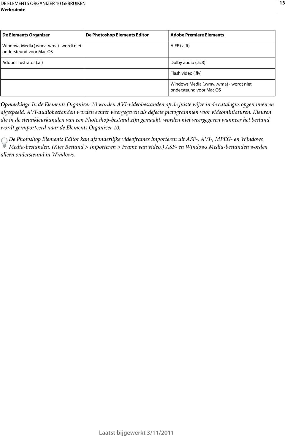 wma) - wordt niet ondersteund voor Mac OS Opmerking: In de Elements Organizer 10 worden AVI-videobestanden op de juiste wijze in de catalogus opgenomen en afgespeeld.
