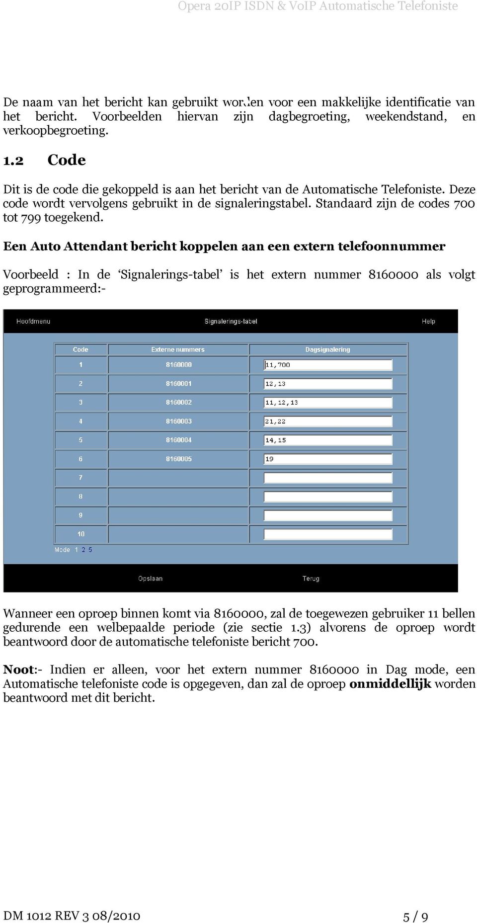 Een Auto Attendant bericht koppelen aan een extern telefoonnummer Voorbeeld : In de Signalerings-tabel is het extern nummer 8160000 als volgt geprogrammeerd:- Wanneer een oproep binnen komt via