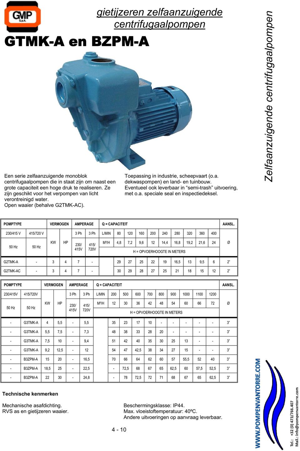 POMPTYPE VERMOGEN AMPERAGE Q = CAPACITEIT AANSL.