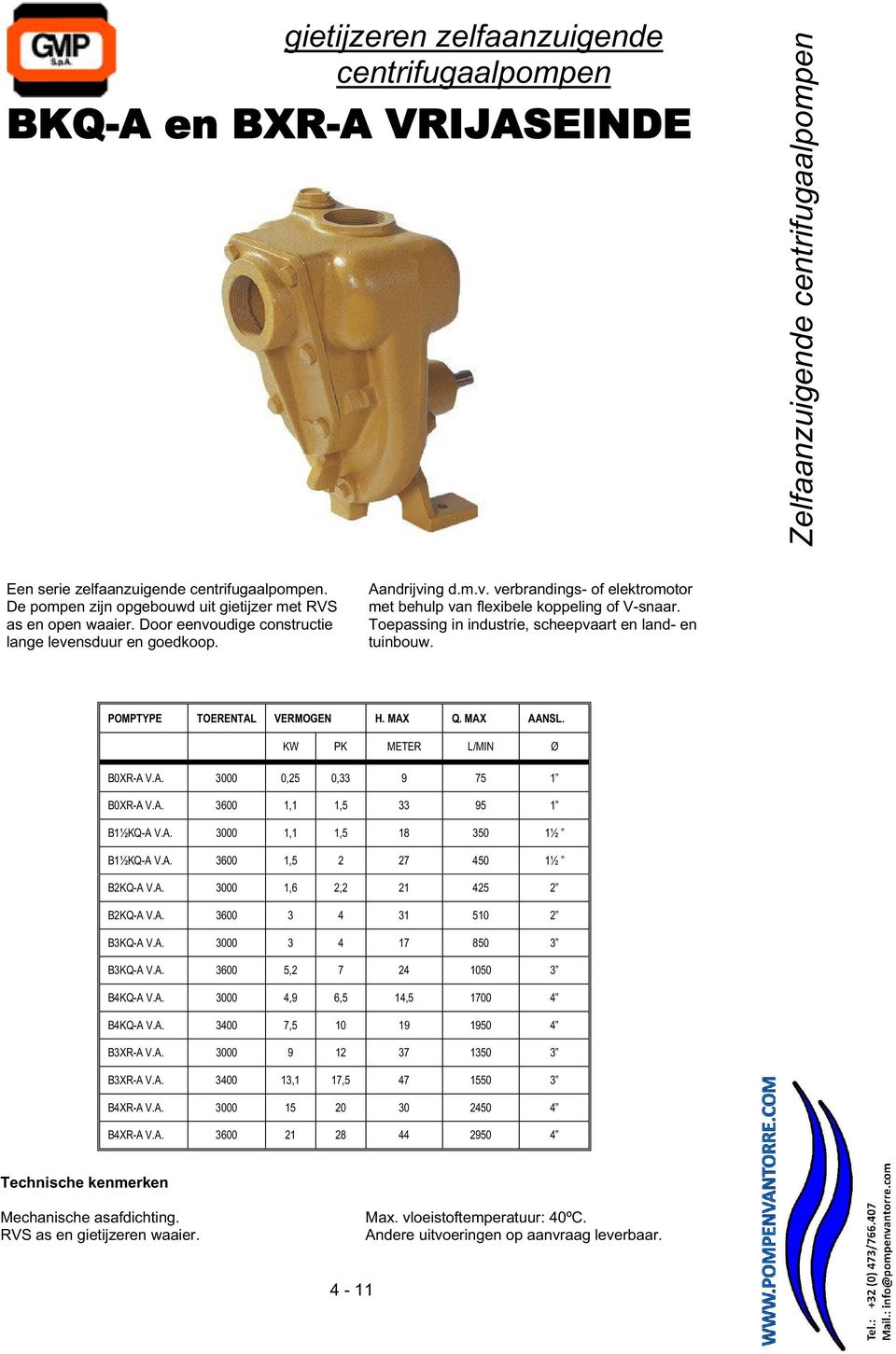 Toepassing in industrie, scheepvaart en land en tuinbouw. POMPTYPE TOERENTAL VERMOGEN H. MAX Q. MAX AANSL. KW PK METER L/MIN Ø B0XRA V.A. 3000 0,25 0,33 9 75 1 B0XRA V.A. 3600 1,1 1,5 33 95 1 B1½KQA V.