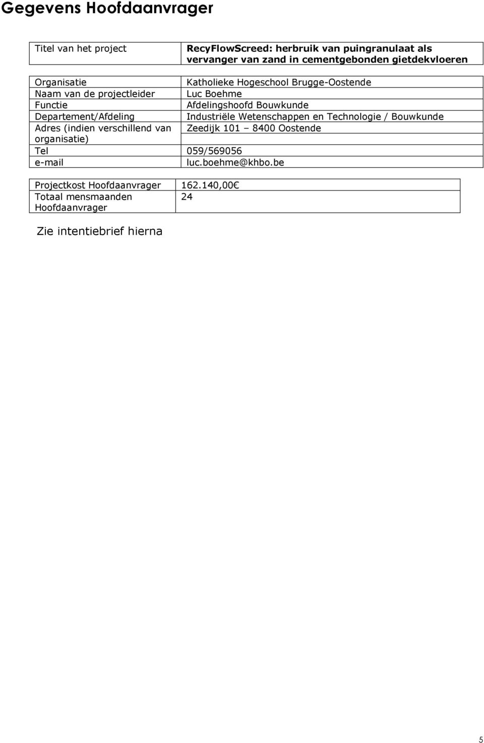 Departement/Afdeling Industriële Wetenschappen en Technologie / Bouwkunde Adres (indien verschillend van Zeedijk 101 8400 Oostende