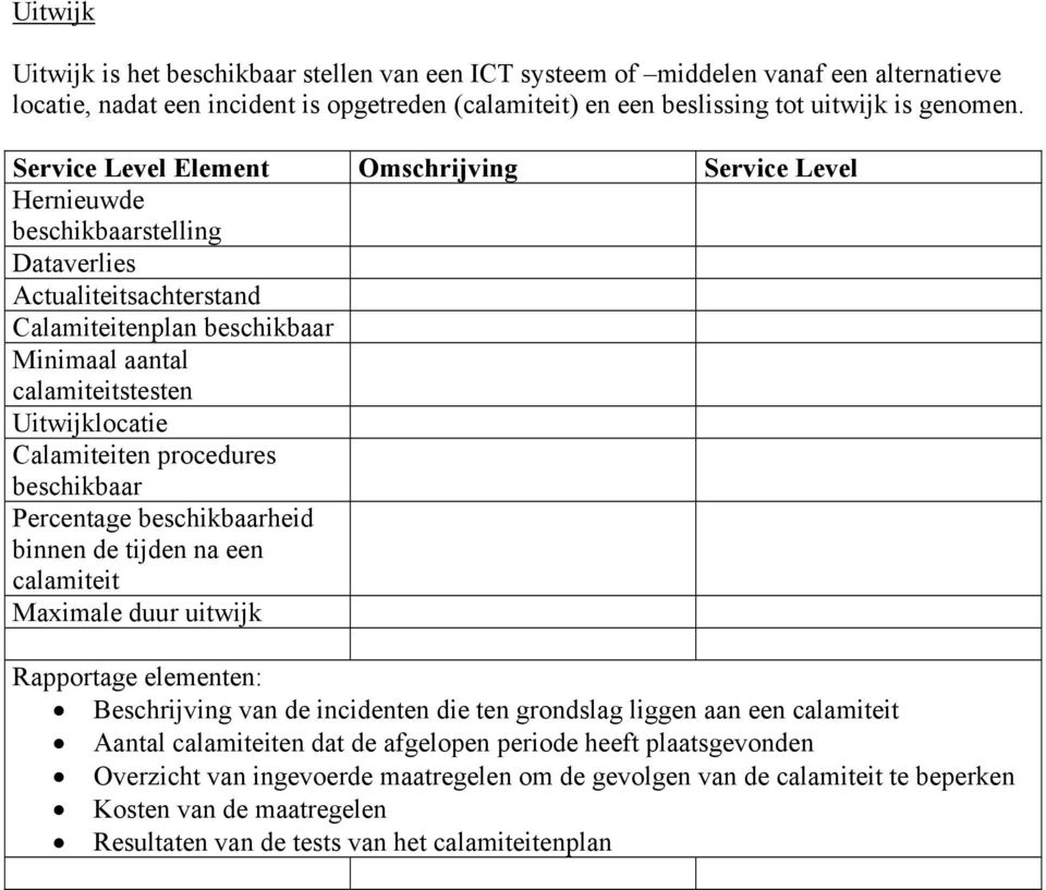 Hernieuwde beschikbaarstelling Dataverlies Actualiteitsachterstand Calamiteitenplan beschikbaar Minimaal aantal calamiteitstesten Uitwijklocatie Calamiteiten procedures beschikbaar