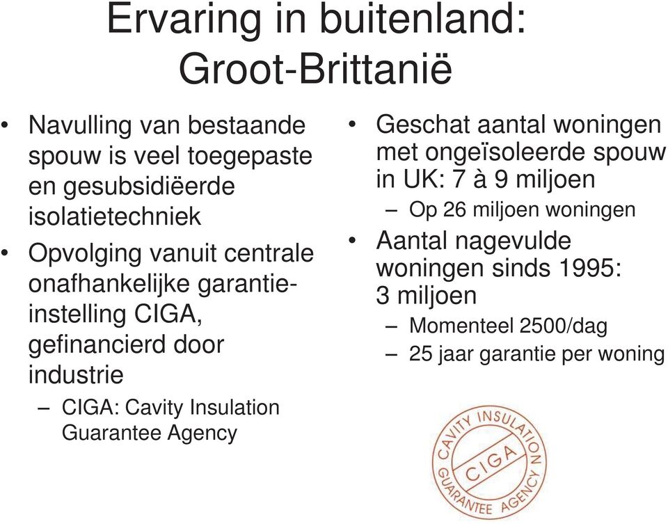 CIGA: Cavity Insulation Guarantee Agency Geschat aantal woningen met ongeïsoleerde spouw in UK: 7 à 9 miljoen