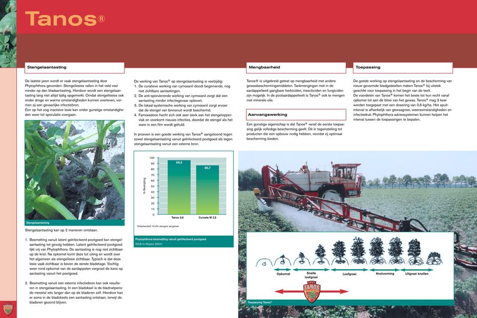 Een op het oog inactieve lesie kan onder gunstige omstandigheden weer tot sporulatie overgaan. De werking van Tanos op stengelaantasting is veelzijdig: 1.