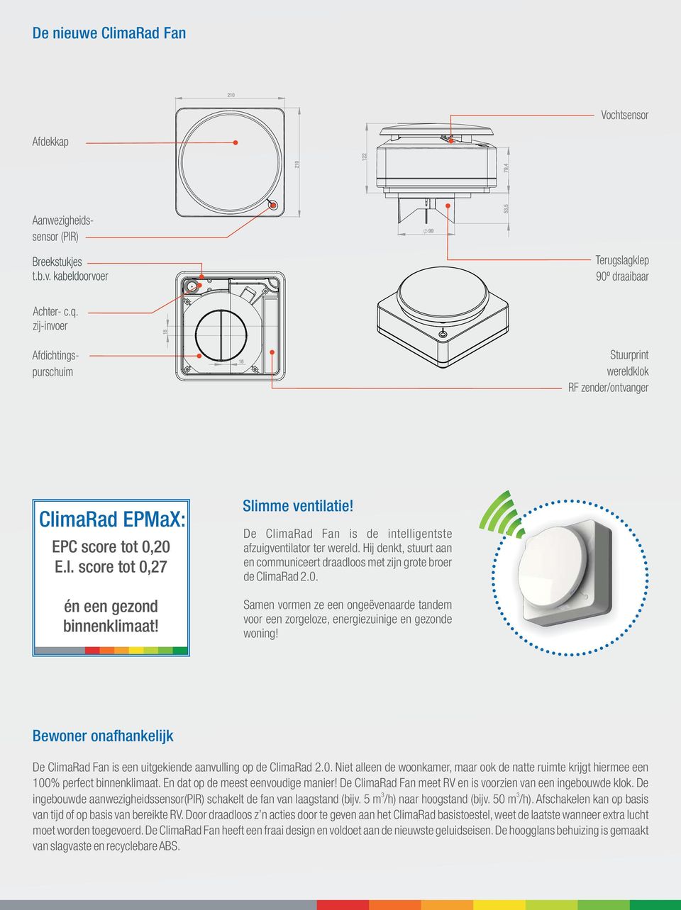 De ClimaRad Fan is de intelligentste afzuigventilator ter wereld. Hij denkt, stuurt aan en communiceert draadloos met zijn grote broer de ClimaRad 2.0.