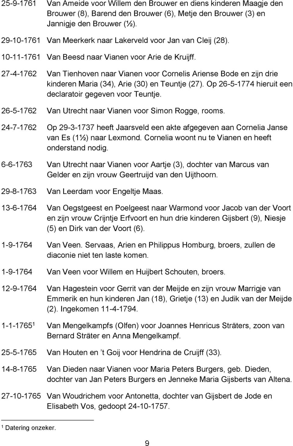 27-4-1762 Van Tienhoven naar Vianen voor Cornelis Ariense Bode en zijn drie kinderen Maria (34), Arie (30) en Teuntje (27). Op 26-5-1774 hieruit een declaratoir gegeven voor Teuntje.