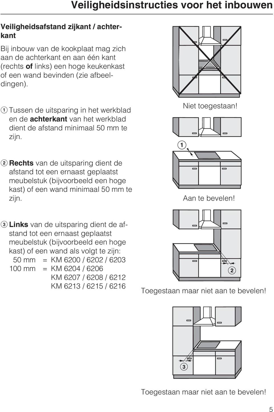 b Rechts van de uitsparing dient de afstand tot een ernaast geplaatst meubelstuk (bijvoorbeeld een hoge kast) of een wand minimaal 50 mm te zijn. Aan te bevelen!