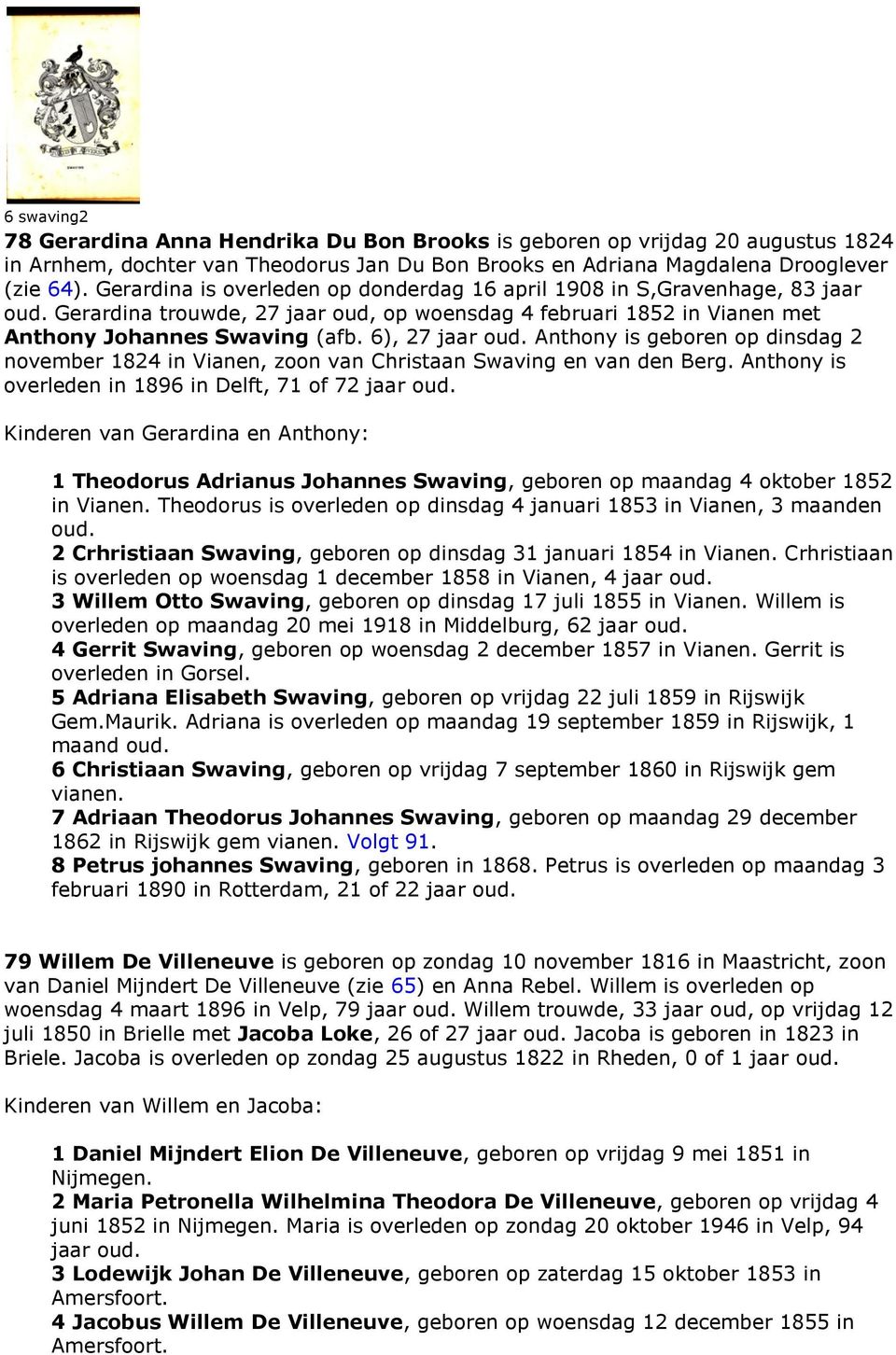 6), 27 jaar oud. Anthony is geboren op dinsdag 2 november 1824 in Vianen, zoon van Christaan Swaving en van den Berg. Anthony is overleden in 1896 in Delft, 71 of 72 jaar oud.