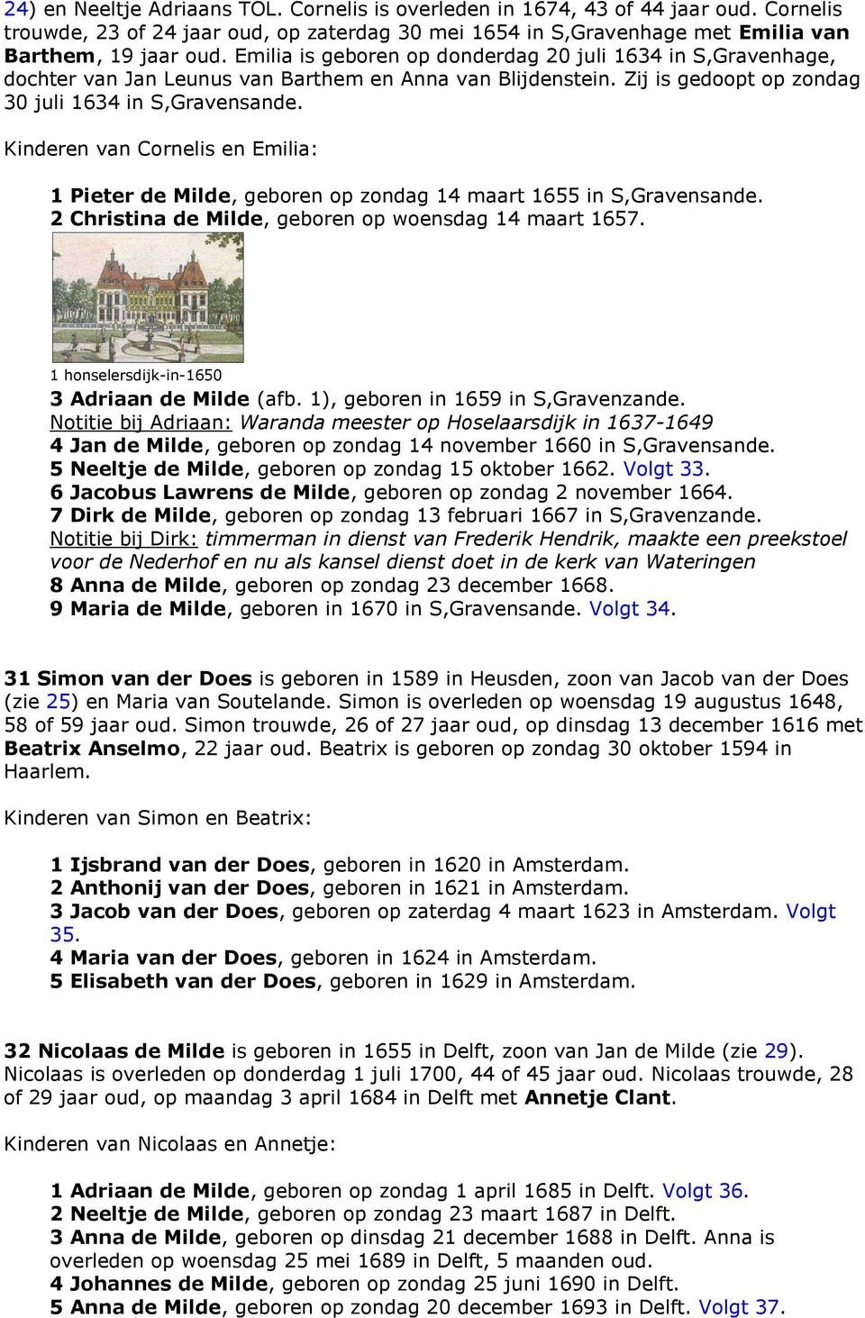 Kinderen van Cornelis en Emilia: 1 Pieter de Milde, geboren op zondag 14 maart 1655 in S,Gravensande. 2 Christina de Milde, geboren op woensdag 14 maart 1657.